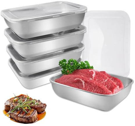 5 Pezzi Set Contenitori per Alimenti, 1100 ml Contenitore Acciaio Inox per Alimenti, Riutilizzabili Contenitori Acciaio con Coperchio, Impilabili Contenitori Cibo Ermetici per Frutta Insalate Dessert