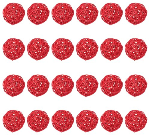 QUARKZMAN 24 Stück Rattan Deko Kugeln, 60 mm Dekokugel Wicker Rattan Ball Wellensittich Spielzeug Vogelspielzeug Hochzeitsfeier Mittelstücke Hausdekoration, Rot