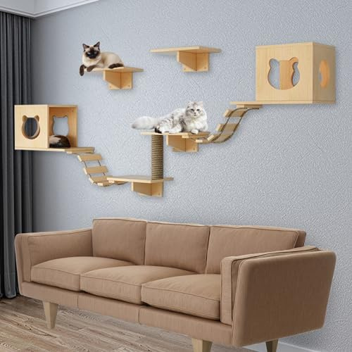 Kletterwand Katzen XXL, 250 cm Katzenkletterwand Set, 7/9-teiliges Katzen Wandelemente mit Katzenhaus, Katzenkratzbrett, Katzenbrücke, Wandregale, Holz-Katzenwandmöbel (9-teiliges)