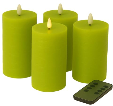 Fachhandel Plus LED Kerzen mit Timer – Stumpenkerzen aus Echtwachs mit 3D Flamme & Fernbedienung – LED Echtwachskerzen in verschiedenen Farben & Größen – Ø 6,5/7,5 cm (Grün, 10 x 6,5 cm)