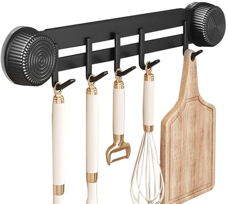 xyuayamz Hakenleiste Küche, Küchenhalterung Ohne Bohren, Küchenutensilien Halter mit 5 Haken, Saugnapf Kitchen Utensil Holder für Aufhängen Löffeln Spateln Küchengeräten, Metall, 1 Stück, Schwarz