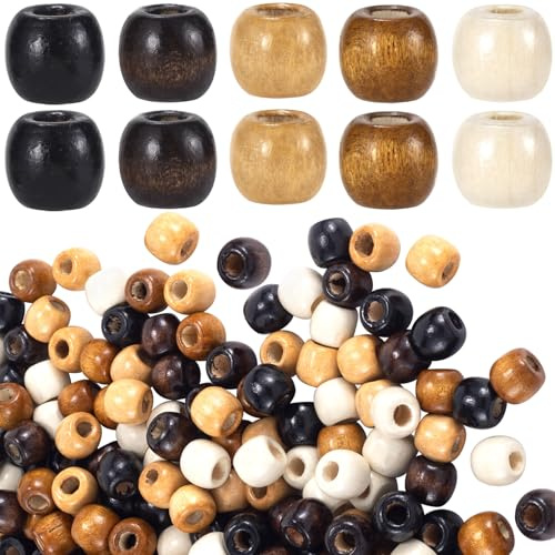 BEIQIYA 100pcs Large Hole Wooden Beads, Vintage Round Hair Beads for Braids, Wood Necklace Bracelet Spacers Jewelry Making Supplies for Crafts- 5 Colors