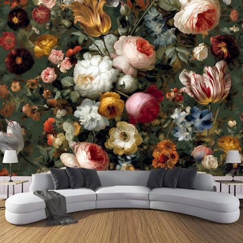 Papier Peint Panoramique Baroque, 350x256cm (L×H), Peinture À L'Huile Fleurs Poster Geant Murale, Matériel de Soie, Taille Personnalisée Disponible, Pour Salon Chambre Décor Murale, Vert foncé