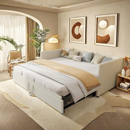 Sofá cama convertible de 90/180 x 200 cm, sofá cama de 3 plazas con somier de listones, marco de terciopelo, cama individual/doble, no incluye colchón (beige)