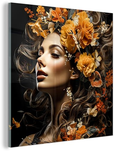 MuchoWow© Glasbild Wall Art Decoration Bilder für die Wand Schlafzimmer | 40x40 cm - Deko Canvas Painting Wanddekoration Wohnzimmer Frau - Porträt - Blumen - Bunt