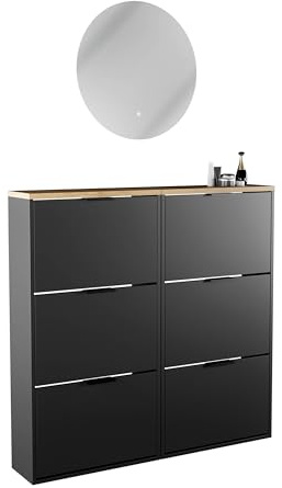 Planetmöbel 2 x Schuhschrank schmal | runder Spiegel mit Beleuchtung 60 cm, (2 Lichtstufen) Schuhkommode mit 3 Klappen Schuhregal mit 6 Ablagen, Garderobe Set, 60