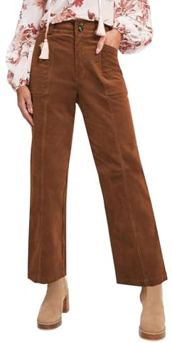 Novlewign Pantalon en velours côtelé taille haute boutonné pour femme avec poches, marron foncé, Taille M