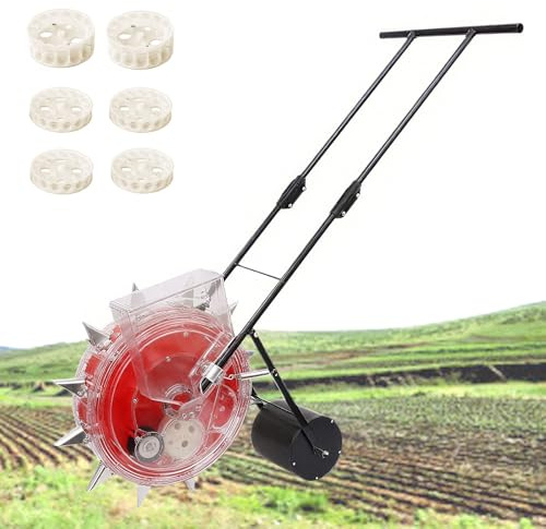 Sembradora de Rodillo Manual de 12 Boquillas - Espacio y Profundidad Ajustables, 6 Platos de Semillas para Semillas de 3-15mm, 1-3 Semillas/Agujero, Esparcidor para Maíz, Soja, Cacahuete, Verduras