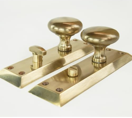 UNDERGROUND PARTS Aged Unlacquered Solid Brass Newport Bathroom Round Door Knobs Handles on Long Backplate