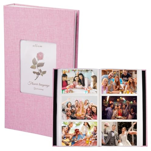 Fotoalbum Einsteckalbum 10x15, Fotobuch zum Einstecken 300 Fotos | Photo Album Slip In, Leinen Fotoalbum mit Frontfenster für Familie, Hochzeit, Geburtstag, Jubiläum, Baby, Urlaub (Rosa)
