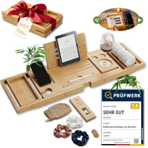 Badewannenablage aus Bambus, ausziehbar 75-105cm Dein Spa zuhause | Tablet-, Getränkehalter, 10 Teelichter, Spotify Playlist, Peeling-Handschuh & 3 Haargummis Badewannentablett badewannenbrett