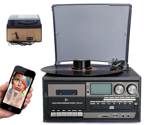 Tocadiscos Todo en uno con Vinilo de 3 velocidades, CD, Casete, Bluetooth, Radio Am/FM, Reproductor USB/SD, parlantes duales y Control Remoto - Tocadiscos Retro for Audio doméstico