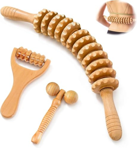 Dexpally 3 Stück Holz Faszienrolle Set Lymphdrainage Massageroller für Cellulite und Muskelentspannung, Anti Cellulite Massagegerät für Beine Rücken Nacken