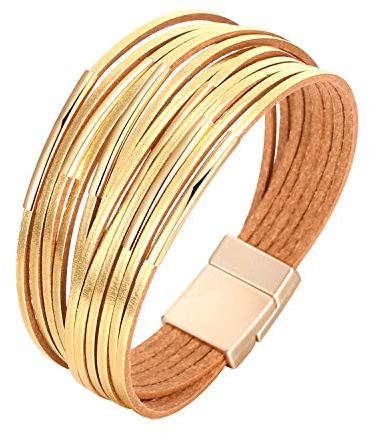 Fesciory Leather Wrap Bracelets for Women, Boho Leopard Multi-Layer Crystal Beads Cuff Bracelet Jewelry (Short)