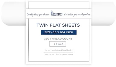 Linteum Textile Supply White Flat Sheet Twin 66x104 Inches 1-Pack Poly Cotton Blend 180 Thread Count Durable, Breathable Easy Care Top Sheets for Hotels, Hospitals, Spas, Healthcare Facilities