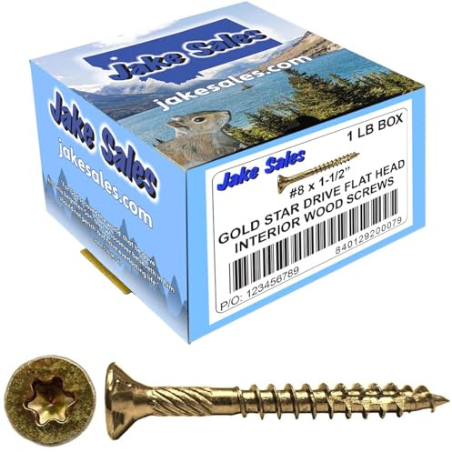 Jake Sales #8 x 1-1/2 Gold Star Wood Screw Torx/Star Drive Flat Head (1 Pound - 198 Approx. Screw Count) - Multipurpose Torx/Star Drive Wood Screws