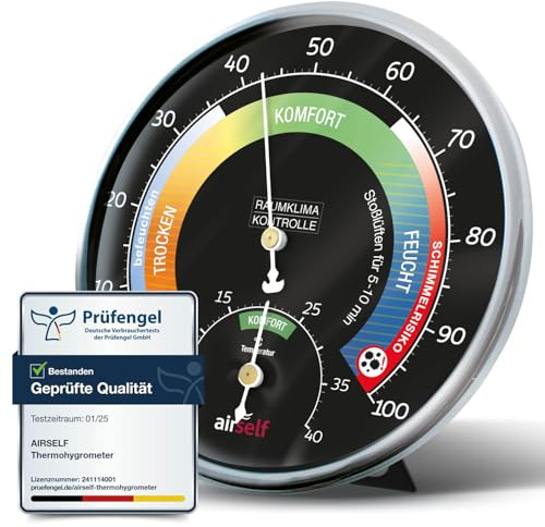 Thermohygrometer analog innen, schwarzes Ziffernblatt, farbige Komfortzonen | Thermometer und Feuchtigkeitsmesser