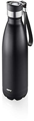 GEFU Trinkflasche OLIMPIO, Thermoflasche aus Edelstahl, Kohlensäure geeignet, Isolierflasche mit Schlaufe, auslaufsicher, 0.5 l, schwarz