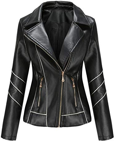 Hiser Femme Veste de Simili Cuir, Moto Manteau Faux Cuir PU Slim Fit Printemps Automne Hiver Manche Longue Élégant Veste Courte Blouson Biker à Fermeture (Noir,XXL)