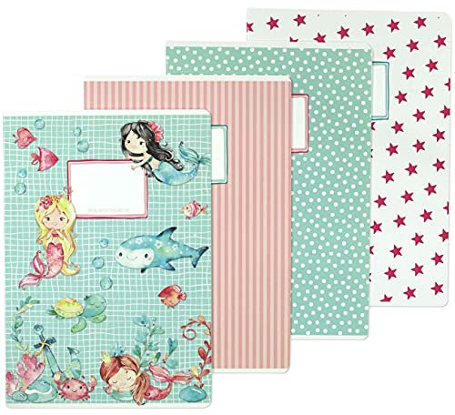 Papierdrachen 4 hochwertige Schulhefte für Kinder DIN A4 | liniert und kariert 32 Seiten - Motiv Meerjungfrau - zur Einschulung für Grundschüler - Set Nummer 1-16 Blatt