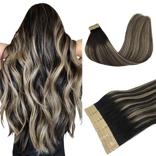 DOORES Extensions Echthaar Tape in, Balayage Natürliches Schwarz bis Hellblond 50cm (20zoll) 50g 20pcs, Echthaar Tape Extensions Blond Remy Haar Full Thick Ends Haarteil Für Unsichtbare | 50g Echtes Remy Glatt Tape In Extensions Echthaar, Unsichtbar Nahtlose Skin Weft FÜR Frauen, Alltagstauglich, Glatt #1B/19/1B