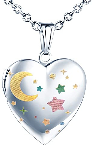 Yumilok Damen Kette Medaillon Kette Foto Schneeflocke Mond Stern Halskette Photo Medaillon Herzanhänger Amulett Anhänger Edelstahl Schmuck für Mädchen