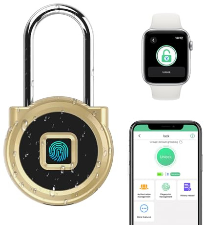 Fingerprint Padlock eLinkSmart Long Padlock with 45MM Shackle Weatherproof 1000 App User Combination Locker Lock for Gym Locker Fence Garden Cupboard Cabinet Gold