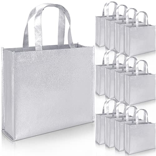 12 Große Geschenktüten mit HenkelVlies stilvolle Tragetaschen zum Geburtstag Hochzeit Geschenkverpackung party, Wiederverwendbare glänzende Einkaufstüten (Silber)