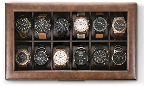 Glenor Co Uhrenbox für Herren – luxuriöses und maskulines Uhrengehäuse mit 12 Schlitzen, stabile Scharniere, großer Uhrenhalter, Glasoberfläche, Uhren-Organizer für Herren – Metallakzente – PU-Leder,