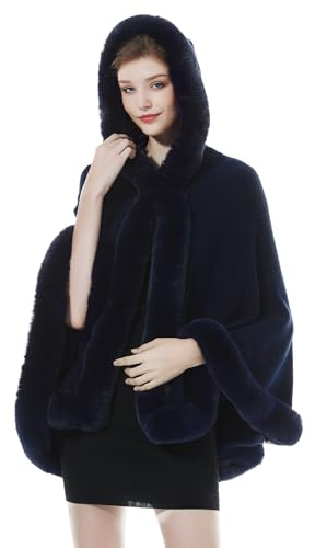 BEAUTELICATE Capa con Capucha de Punto Cárdigan Mujer Invierno Chal de Piel Sintética Estola de Poncho Lana Abrigo Boleros para Bodas Fiesta Navidad （Azul Marino）