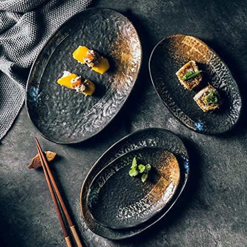 JYDQM Creative Japanese Style Retro Large Ceramic Rice Dish Sushi Fish Food Dish Plate Fruit Salad Dish Dinner Plate Tableware Oval Big Fish Plate (Color : Set)