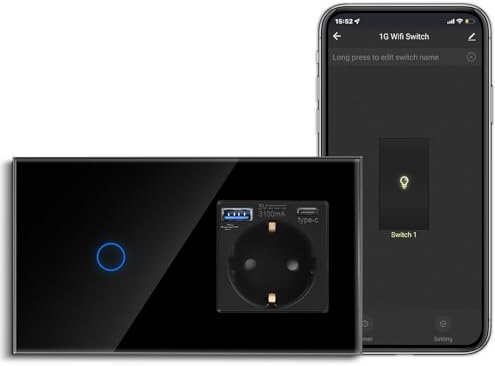 CNBINGO Smart Touch-Lichtschalter mit USB Schuko Steckdose, mit USB Anschluss und Typ C (Max. 3.1A), WLAN Lichtschalter für Alexa, Google Assistant, Schutzkontakt Wandsteckdose Unterputz, Schwarz | mit USB Anschluss und Typ C (Max. 3.1A), WLAN Lichtschalter für Alexa, Google Assistant, Wandsteckdose Schwarz