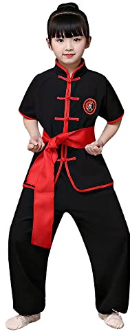 YEMYIQZ Kids Kung Fu Clothing Traditional Tai Chi Uniforms for Boys Girls Chinese Martial Art Wing Chun Long Sleeve Tang Suit (US, Alpha, Large, Regular, Black Short)