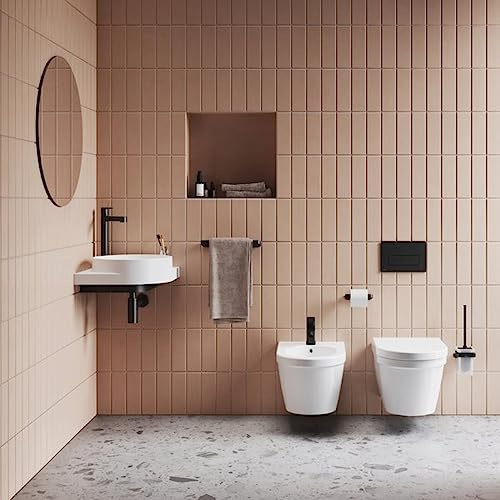 Eckwaschbecken-Set mit Original-Einbauregal und Schwarz Zubehör, Eckwaschbecken zur Wandmontage mit Hahnloch, Keramik, Set Yard 450 C 4in1, RAVAK