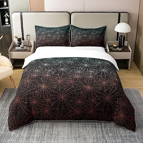 100% Bio Baumwolle Halloween Bettbezug 200x200 Spinnennetz Bettwäsche Set Boho Geometrische Streifen Linien Tröster Bezug Teal Rot Steppdeckenbezug für Männer Frauen Bequeme Zimmer Dekor,Schwarz Weiß