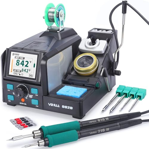 YIHUA 982D Precision Soldering Station with 3 C210 & 3 C245 Soldering Tips, Lead-Free Solder Wire, C210 & C245-Compatible Handpiece, AUTO Temp. Calibration, Sleep Mode, Full-Color Display.