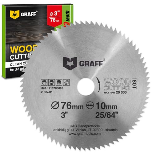 76 mm Lama per Sega Circolare per Smerigliatrice Angolare per Legno, Compensato, Laminato, Cartongesso, Plastica 80 Denti — Disco da Taglio per Legno con foro da 10 mm GRAFF