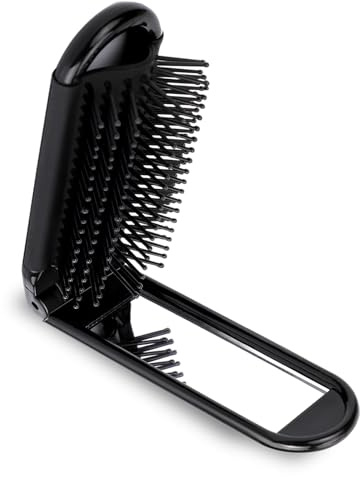 Portable Travel Hair Brush, Small Foldable Hairbrush Compact Hair Brush with Mirror and Round Tip Nylon Bristles for Women and Men, Mini Pocket Size Comb for Car Gym Bag Purse Locker (Black)