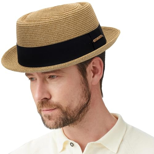 Sugrör fläskpaj Fedora-hatt för män kvinnor – klassisk Trilby solhatt sommar Derby båthatt strand resor semester Acc, Svart band dekor kaki, M-L