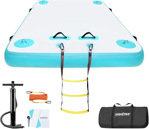 VOFiTNY Inflatable Floating Dock Swim Air Platform Island Raft Mat for Lake Beach Ocean with Rope Ladder, Non-Slip Surface (8ft x 6ft x 6in, Cyan)