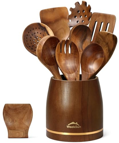 Utensilios de Cocina Madera [10 pzas] con Reposa Cucharas, Set de Espátulas de Cocina y Cucharas de Madera,Accesorios de Cocina con Agarre Cómodo