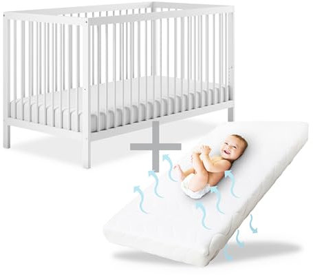 Ehrenkind® Babybett PUR inkl. Matratze 120x60 Buchenholz | Weiß | Kinderbett 9-Fach höhenverstellbar mit entnehmbaren Stangen | Baby Bett