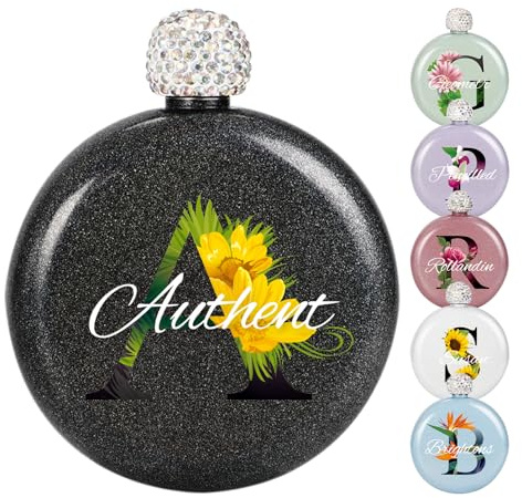 Petaca Redonda Personalizada de Acero Inoxidable Con Nombre - Cómoda y Compacta Con Purpurina para Mujeres, Niñas, Hombres - Ideal para Fiestas