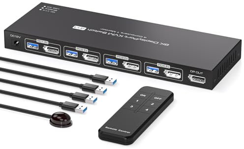 PVBCTCSID 8K Display Port KVM Switch 4 Computers 1 Monitor 4K144Hz 4 Port KVM Sharing 1 Monitor and 4 USB 3.0 Devices with Remote Control Support Extended/Copy Mode