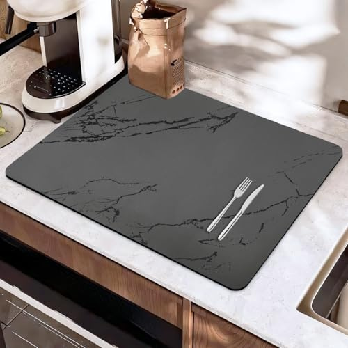 SOQKEEN Große Abtropfmatte 60 x 40 cm, Grauer Marmor Küchenunterlage | Große Fläche für moderne Küchen, Marmor Look, schnelle Wasseraufnahme, schützt Arbeitsplatten, rutschfest, pflegeleicht