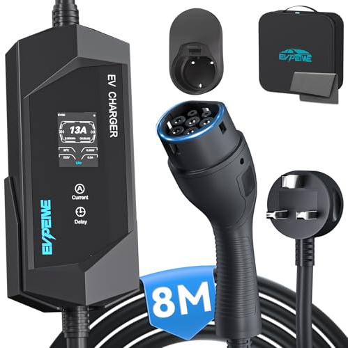 EVPEIWE Type 2 EV Charger to UK 3 Pin Plug 26ft/8M, 6/8/10/13A Portable Electric Car Charger, 3.3KW Type 2 Charging Cable for EV & PHEV, with EV Cable Holder and Carry Bag (Black)