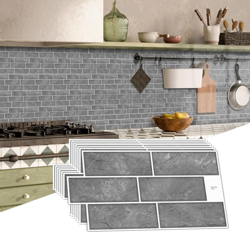 BUYBLIFE 16 Pezzi Grigio Adesivi per Piastrelle, Retro Piastrelle Adesive per Cucina 15x30cm Autoadesiva Resistente al Calore Impermeabile Vinile Decorazione Della Casa per Bagno