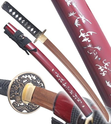 Danzan Wakizashi en Bois Lame en Bois Sabre Sakura Epee en Bois Sabre Entrainement Wakizashi Japonais - Lame Bois Wenge + Presentoir en Bois Inclus