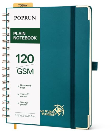 POPRUN Notizbuch A5 Blanko, Spiral-Notizbücher 120 GSM Papier, 141 nummerierte Seiten, Hardcover mit Kleberegisterkarten und 8 Abreißblättern - PG(Pazifikgrün)