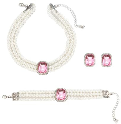 Gkaopi 3 Stück Perlen Schmuckset für Damen Layered Perlen Choker Halskette und Armkette Vintage Geometric Kristall Ohrringe Hochzeit Verlobung Braut Brautjungfer Prom Hochzeits Schmuck